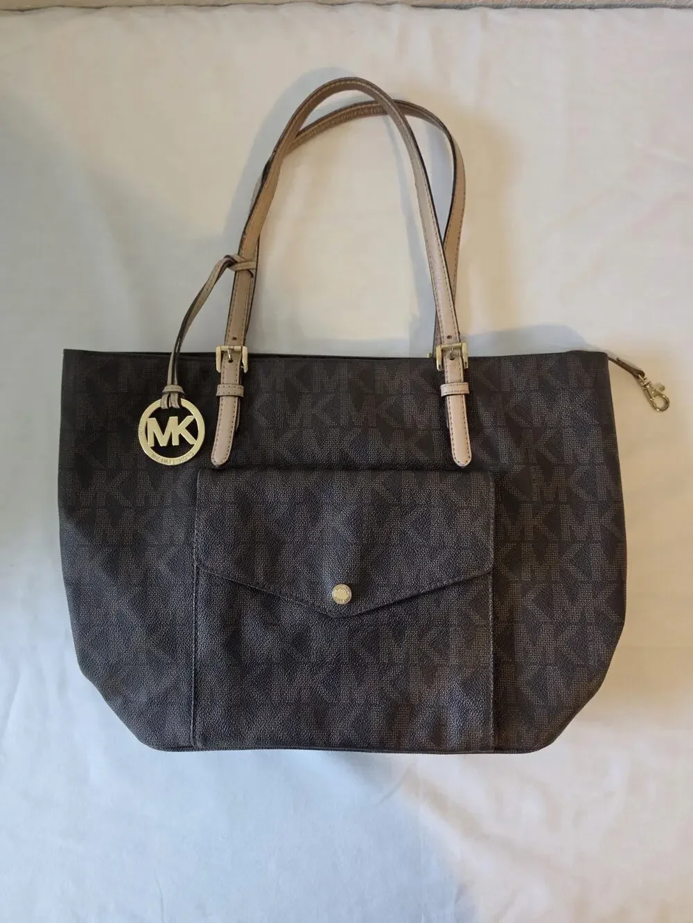 Michael Kors Jet Set Travel Signature Brown PVC Tote Shoulder Bag Front Pocket